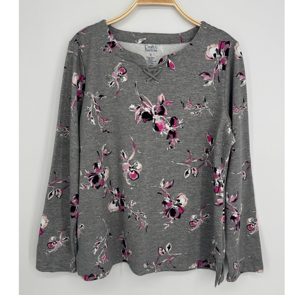 Croft & Barrow Floral Lace Up Neck Long Sleeve Top XL Gray Pink Casual Classic